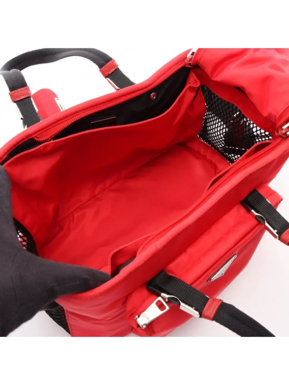 Prada Handbag Re-Nylon Pet Bag 2-Way Red Black Nylon Saffiano Leather